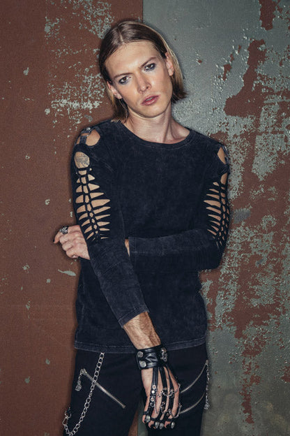 Black Punk Rock Broken Holes Long Sleeves Skull Nail Knitted T-shirt