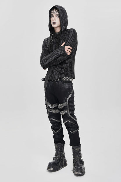 Black Long Sleeves Irregular Hooded Straps Eyelet Punk Blouse