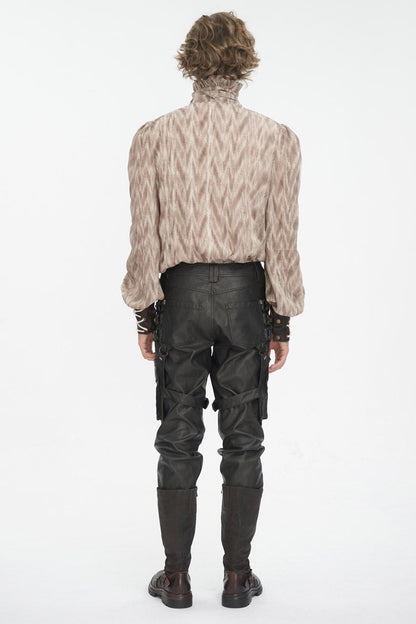 Brown Ruffle Stand Collar Print Lace-up Gothic Blouse