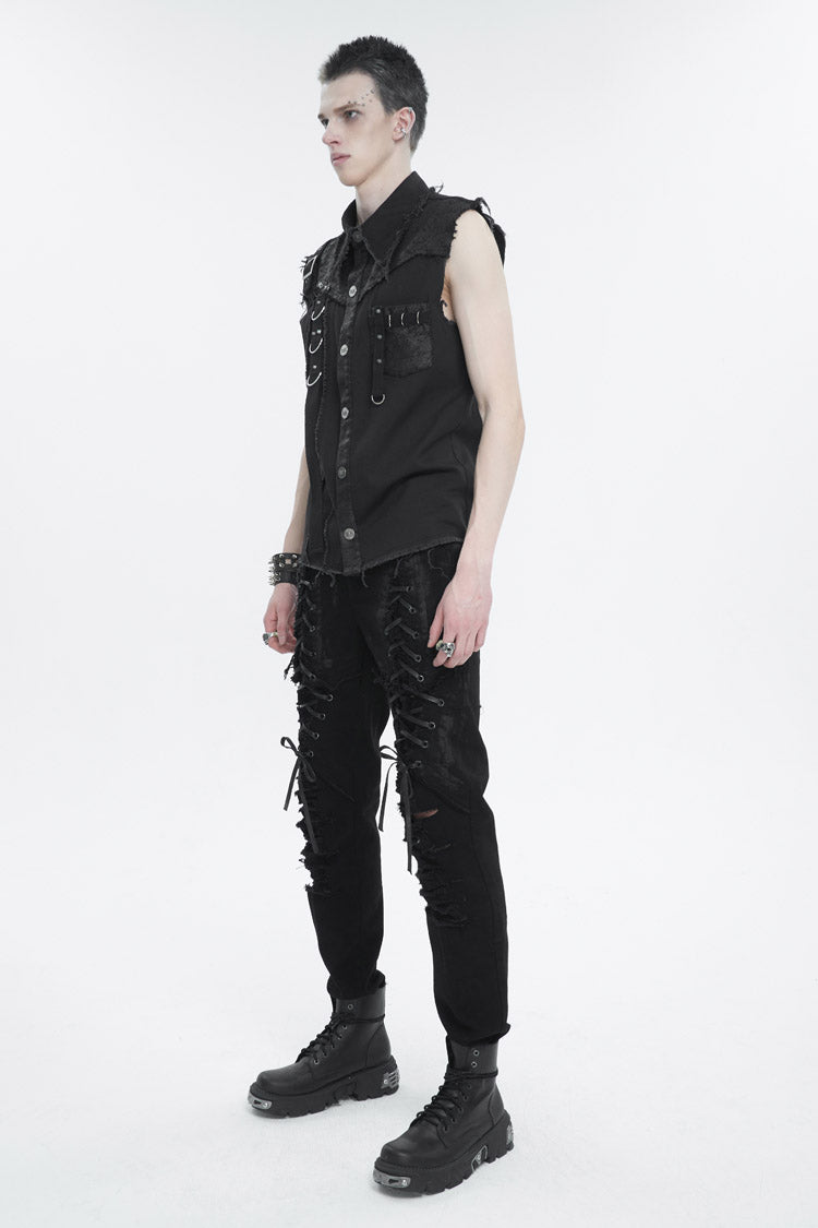 Black Sleeveless Buckle Splice Unedged Punk Vest