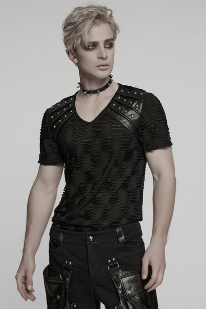 Black Short Sleeves Jacquard Faux Leather Stitching Ripped Rivet Punk T-shirt