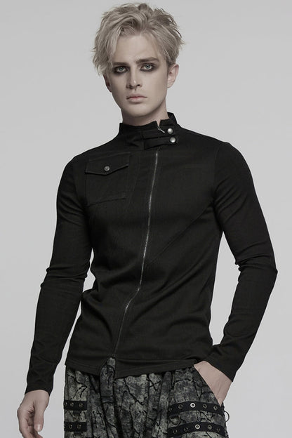 Black Stand Collar Long Sleeves Asymmetric Zipper Punk Blouse