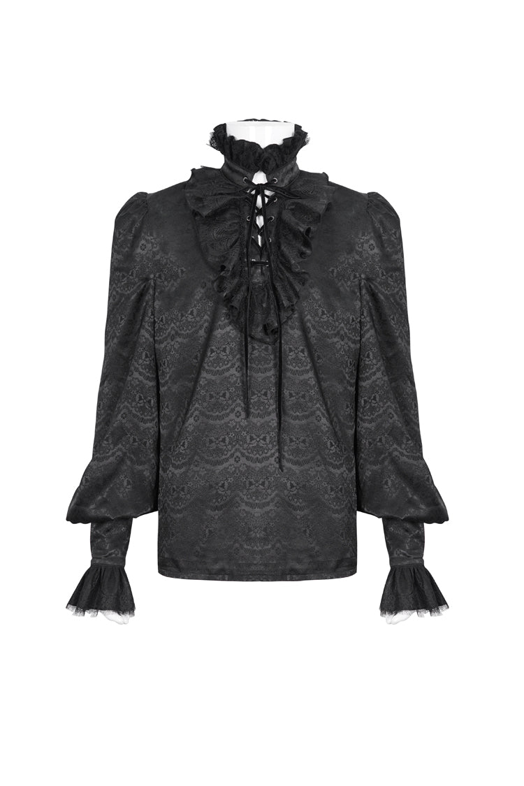 Black Stand Collar Long Sleeves Jacquard Ruffle Gothic Blouse
