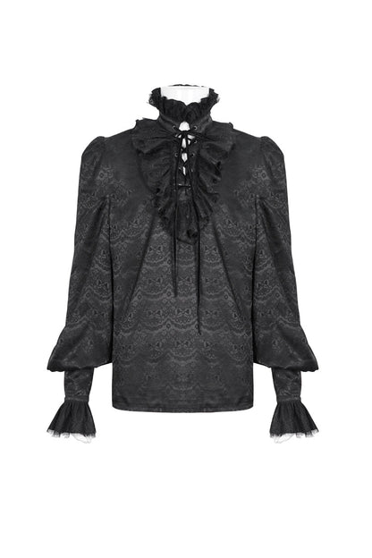 Black Stand Collar Long Sleeves Jacquard Ruffle Gothic Blouse