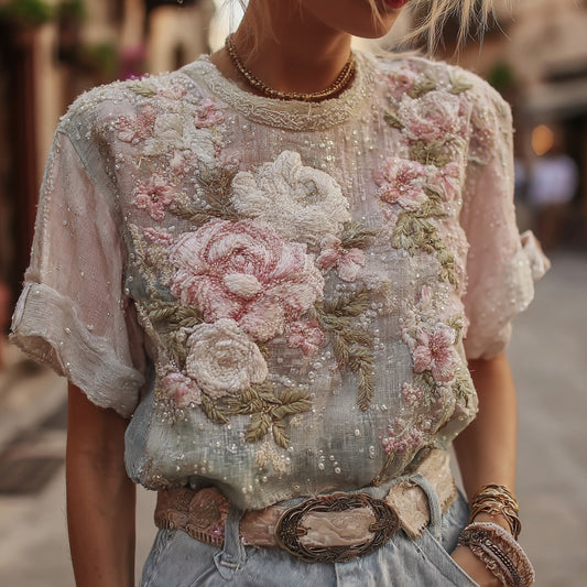 Vintage Rose Floral Casual Linen Crew Neck T-shirt elevenforest