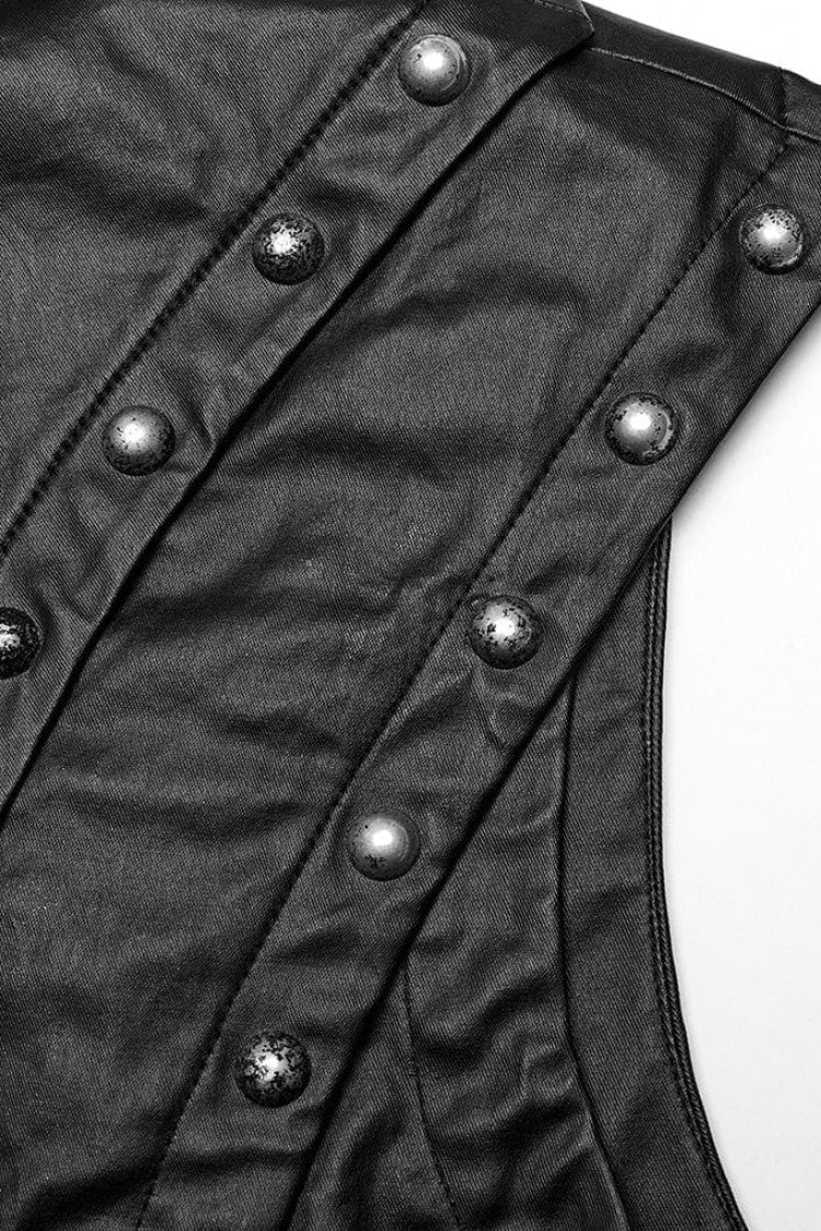 Black Faux Leather Stitching Mesh Sheer Metal Rivets Steampunk Vest