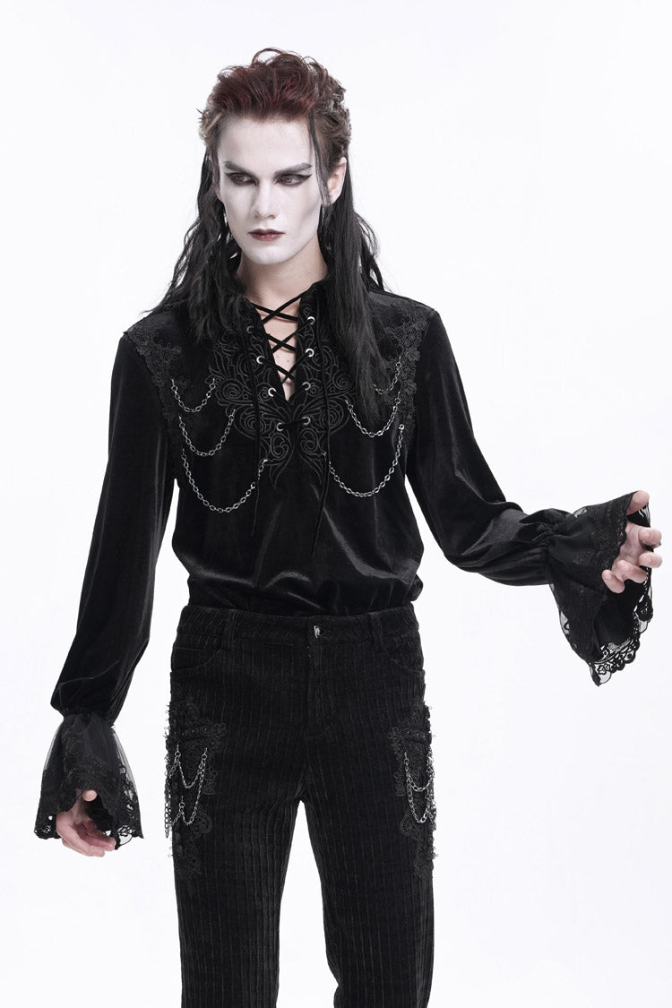 Black V Collar Long Sleeves Lace-up Chain Gothic Blouse