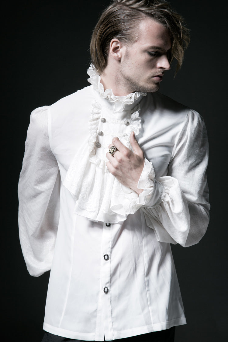 White Stand Collar Retro Button Long Lantern Sleeves Gothic Blouse