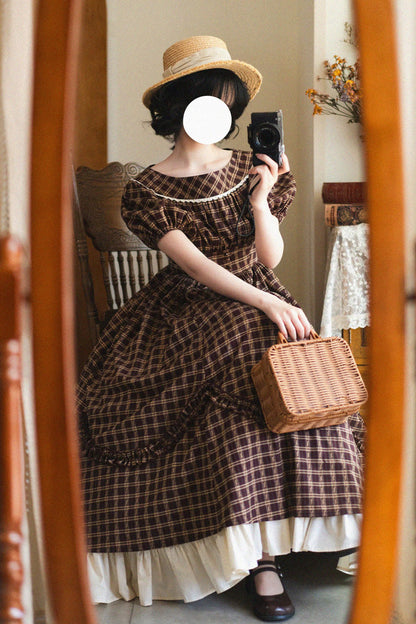 Dark Red [forest Picnic] Boat Neck Short Sleeves Printed Lift-hem Ruffled Classic Lolita Dress