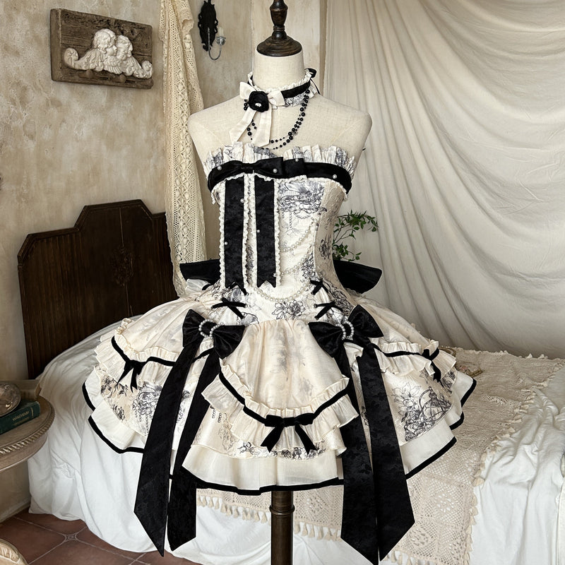 [pre-order] Brandy French Pearl Bustier Dress + Long Skirt + Black Jacquard Jacket + Complete Accessories