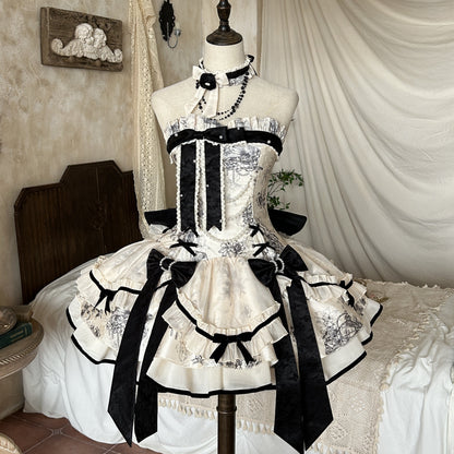 [pre-order] Brandy French Pearl Bustier Dress + Long Skirt + Black Jacquard Jacket + Complete Accessories
