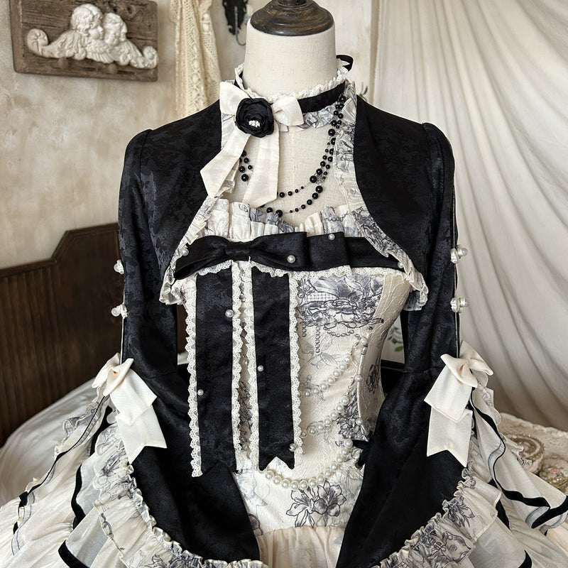 [pre-order] Brandy French Pearl Bustier Dress + Black Jacquard Jacket + Accessories