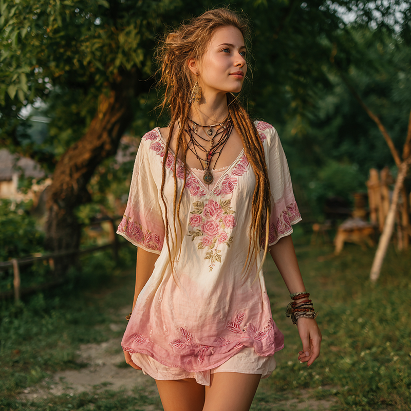 Women's Vintage Rose Floral Patch V-neck T-shirt elevenforest