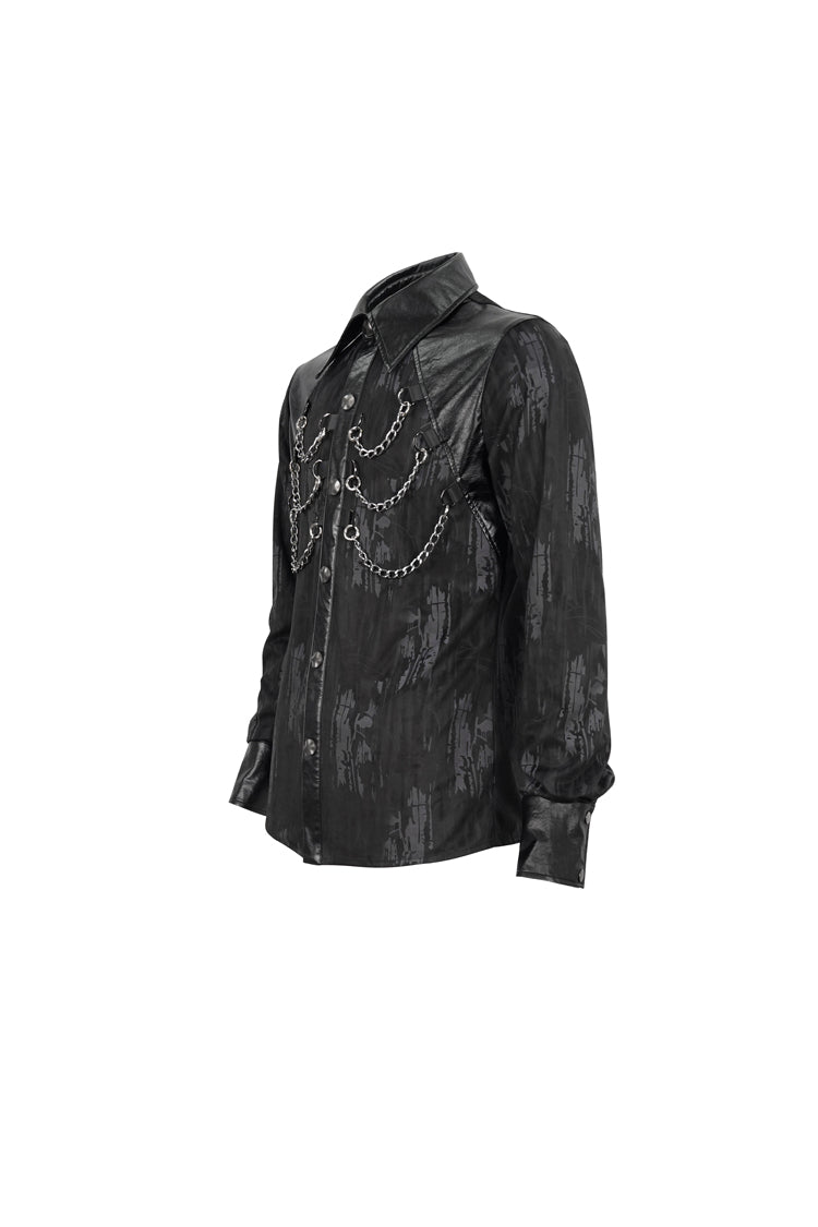 Black Ribbed Metal Chain Hand-painted Velveteen Paneled Leather Punk Shirt