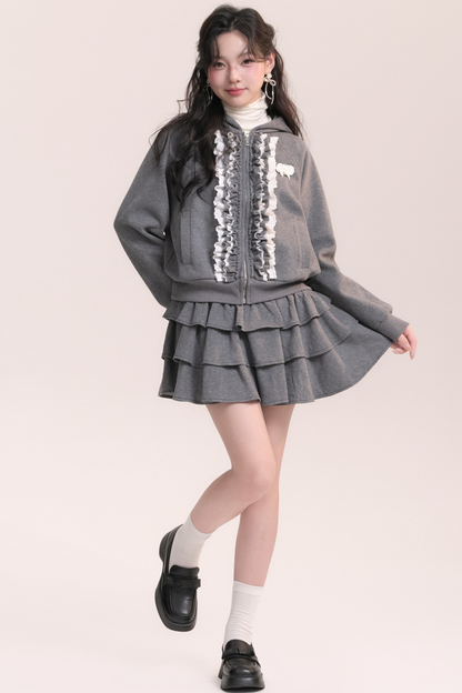 Ballet Lace Sweatshirt Hooded Jacket + Tiered Skirt