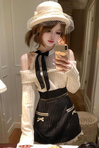 Ribbon Off Shoulder Striped Dress