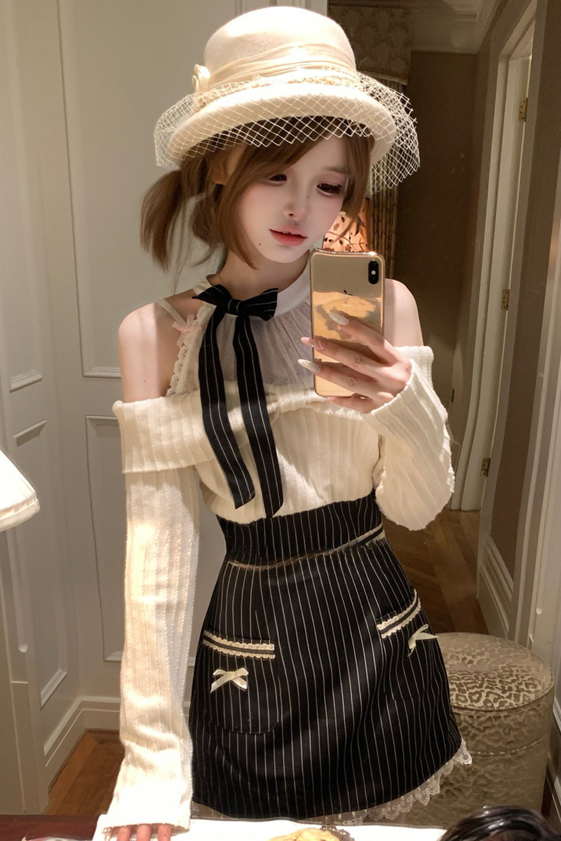 Ribbon Off Shoulder Striped Dress