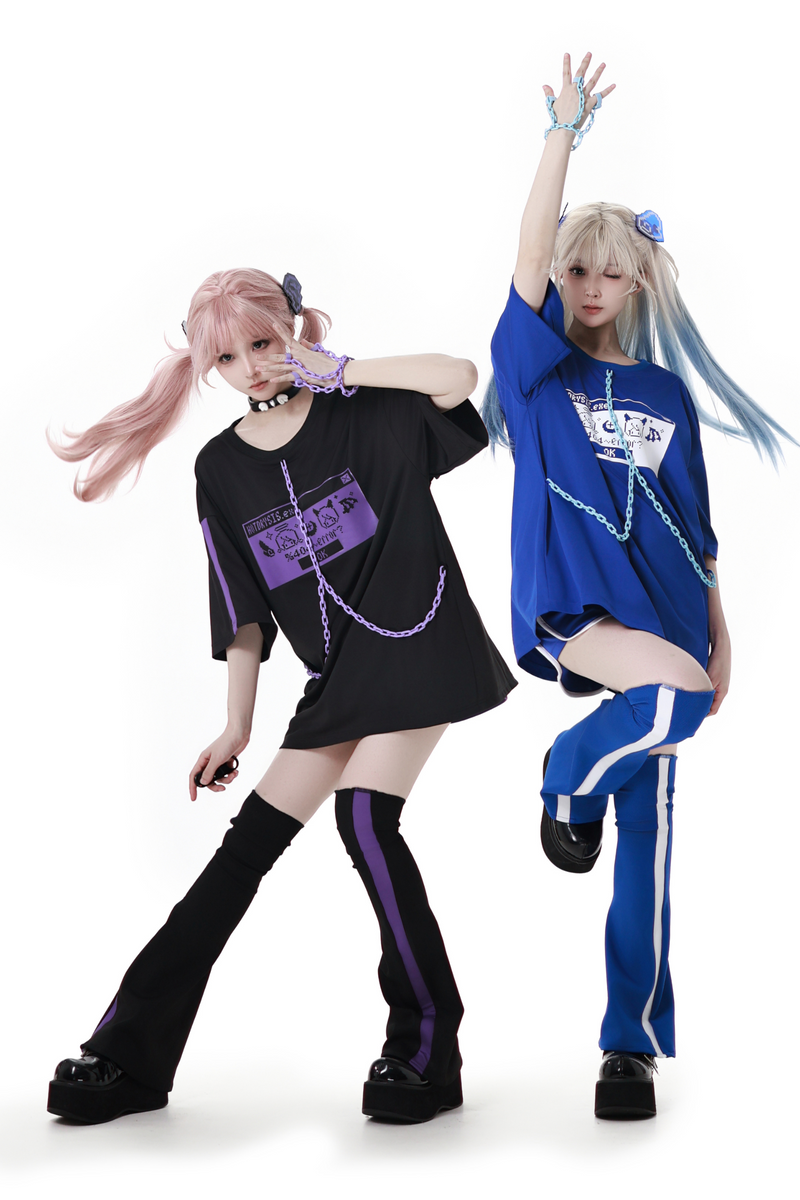 Subculture Loose Oversized T-shirt + Pants + Leg Warmers + Angel Devil Hairpins