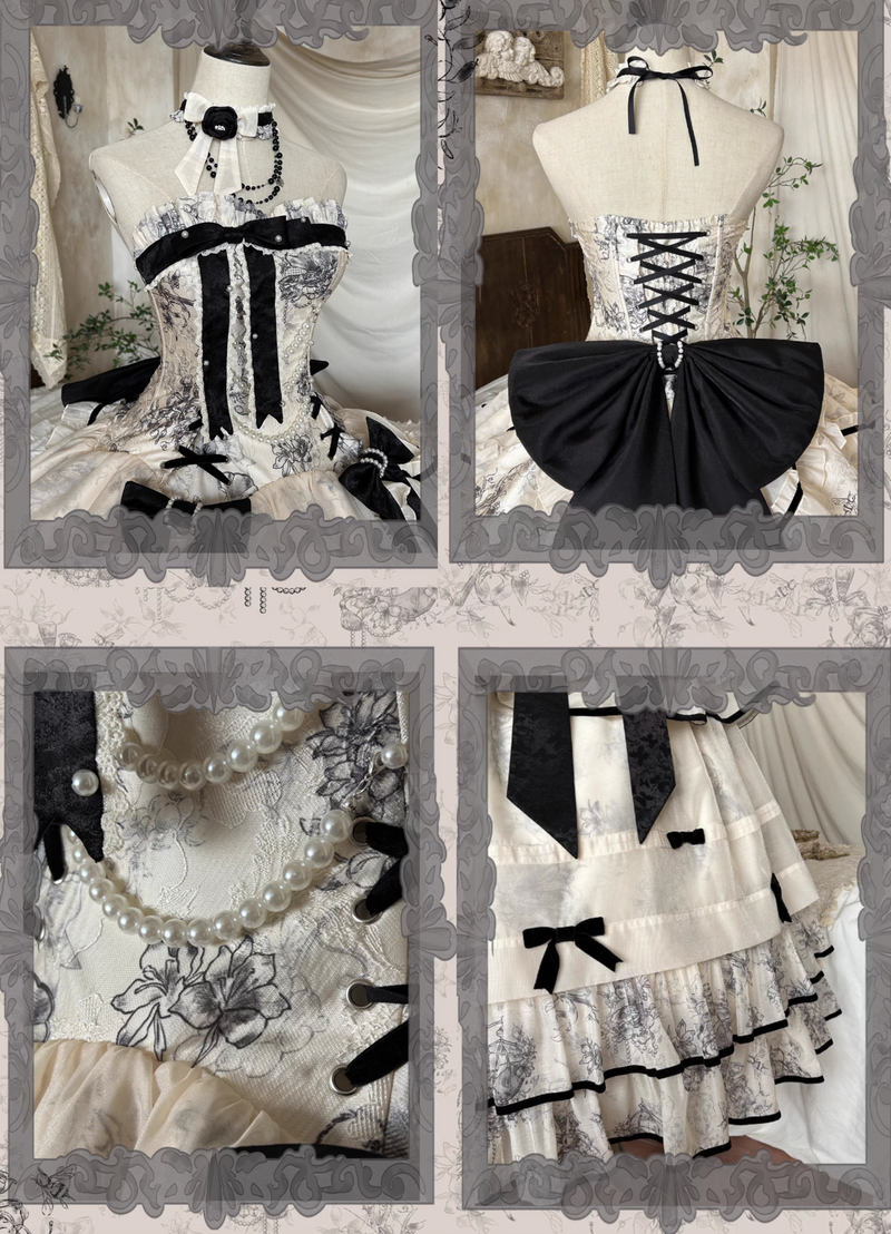 [pre-order] Brandy French Pearl Bustier Dress + Long Skirt + Black Jacquard Jacket + Complete Accessories