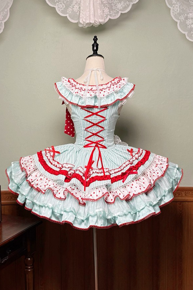 [pre-order Deadline: April 3] Twin Tiered Lolita Dot Ribbon Striped Dress + Flower Bud Skirt Dress