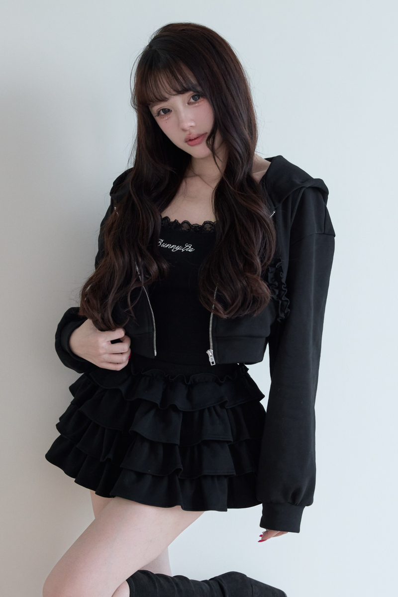 Hooded Hoodie + Camisole + Ruffled Skirt
