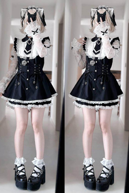 Lace-up Jirai Dress + Shorts + Sleeves + Brooch