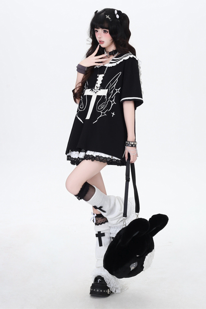 Cross Design Ruffled Sailor Top