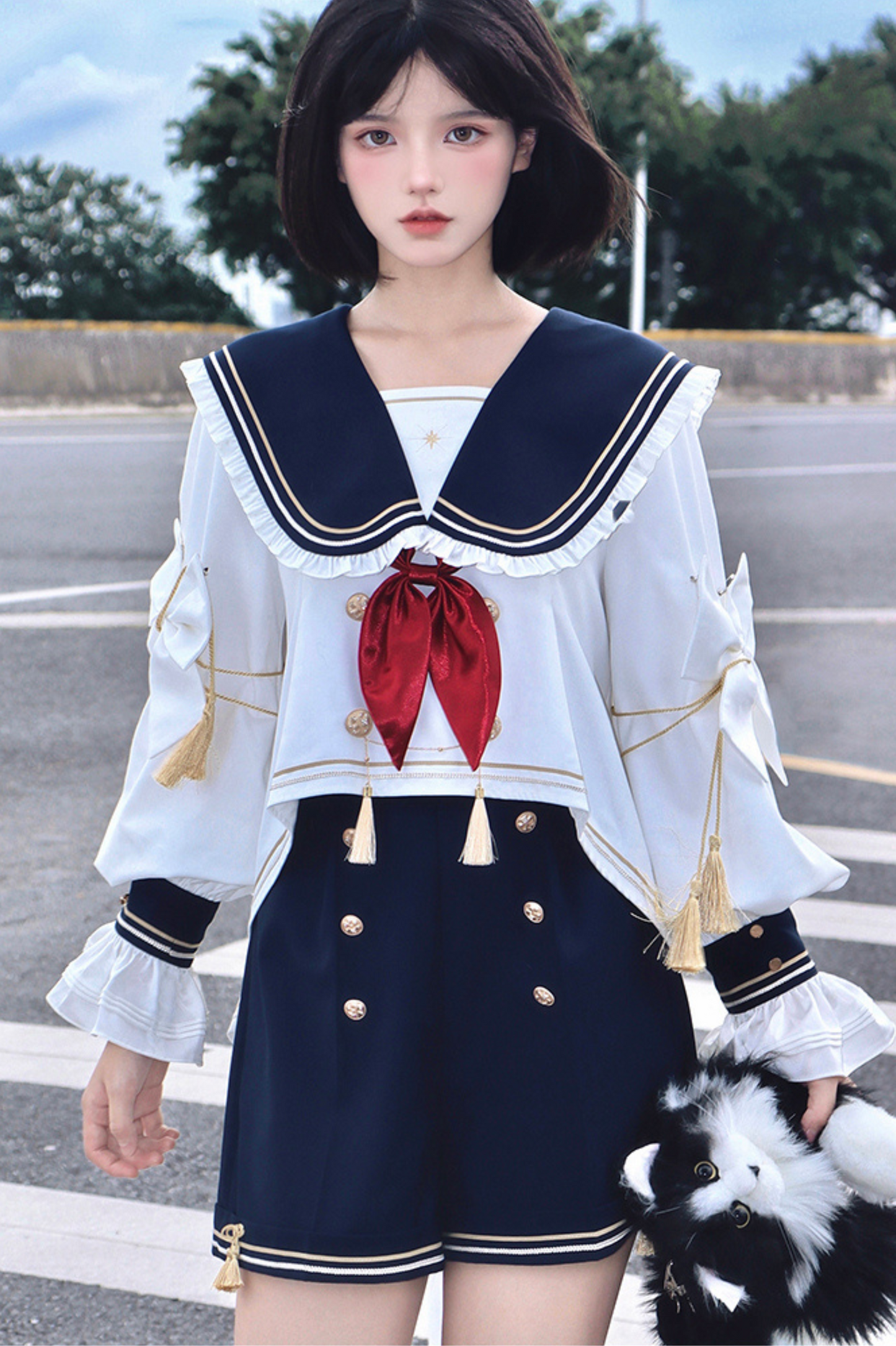 Night Servant Bird Sailor Top + Jacket + Short Pants + Beret + Choker