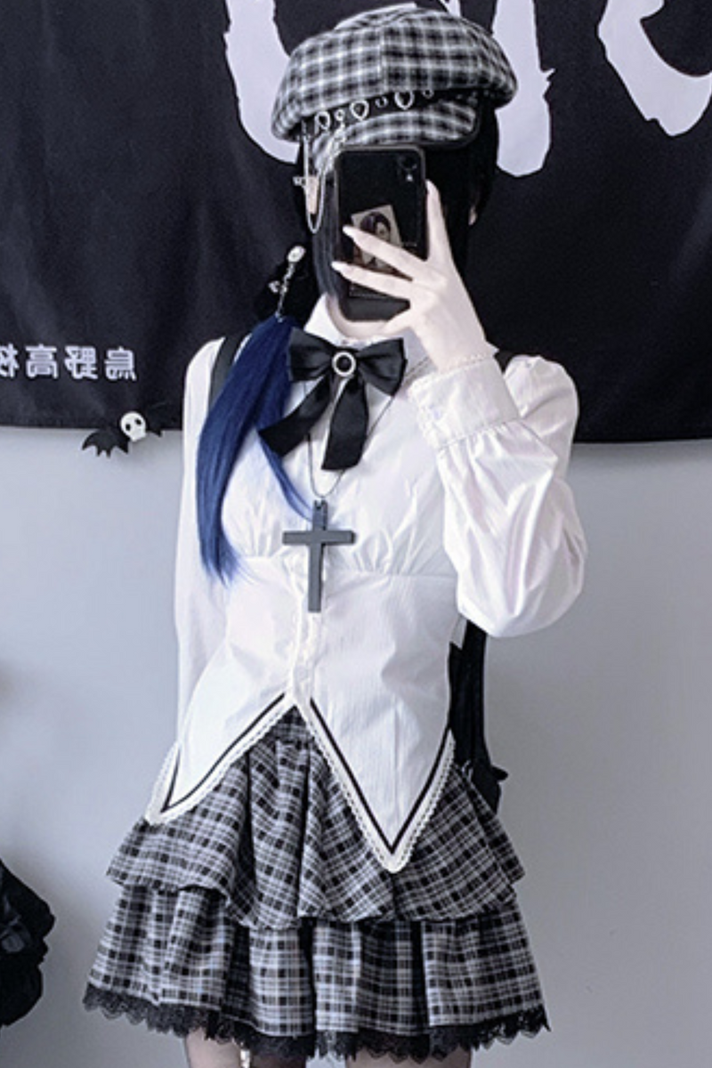 Gothic Style Shirt + Plaid Skirt + Ribbon + Necktie