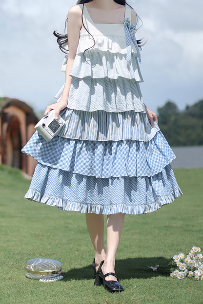 Sky Sweet Tiered Sleeveless Dress + Ribbon Brooch