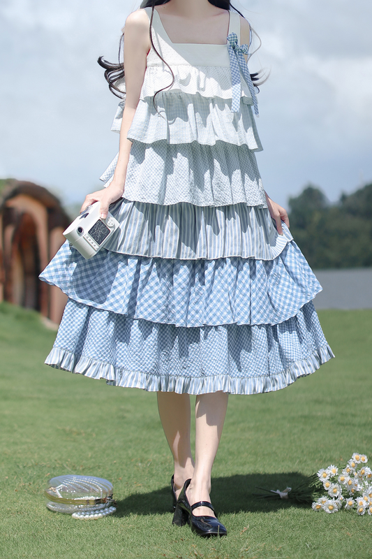 Sky Sweet Tiered Sleeveless Dress + Ribbon Brooch