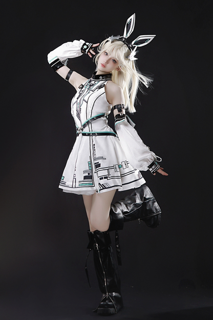 [reservation Product] Machine Warrior Lolita Technology Printed Dress + Sleeve + Bunny Ear Cutucha