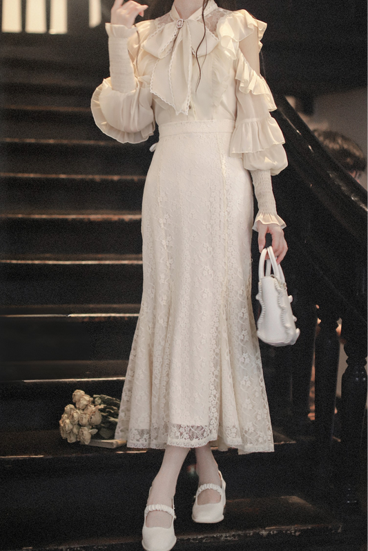 Sheer Chiffon Big Ribbon Shirt + Mermaid Skirt