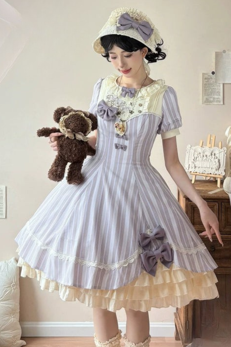 [pre-order] Striped Lolita Dress + Ribbon Clip