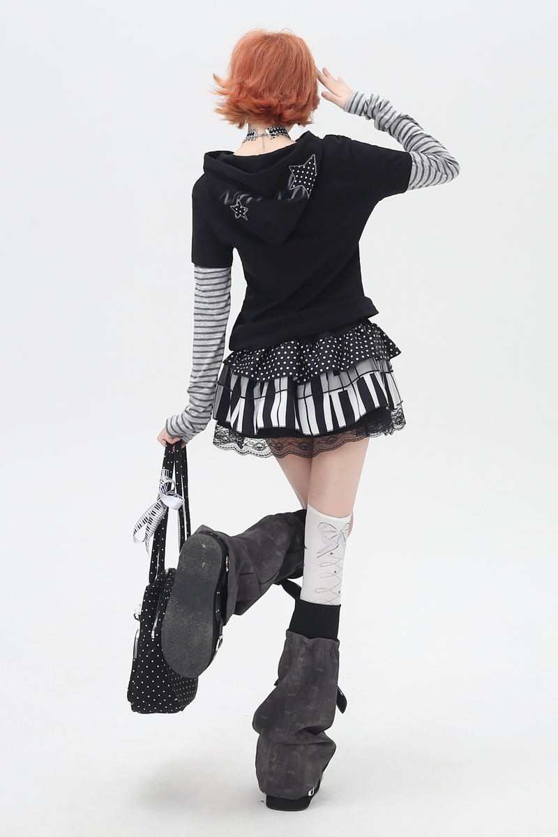 Striped Fake Two Piece Hooded Top