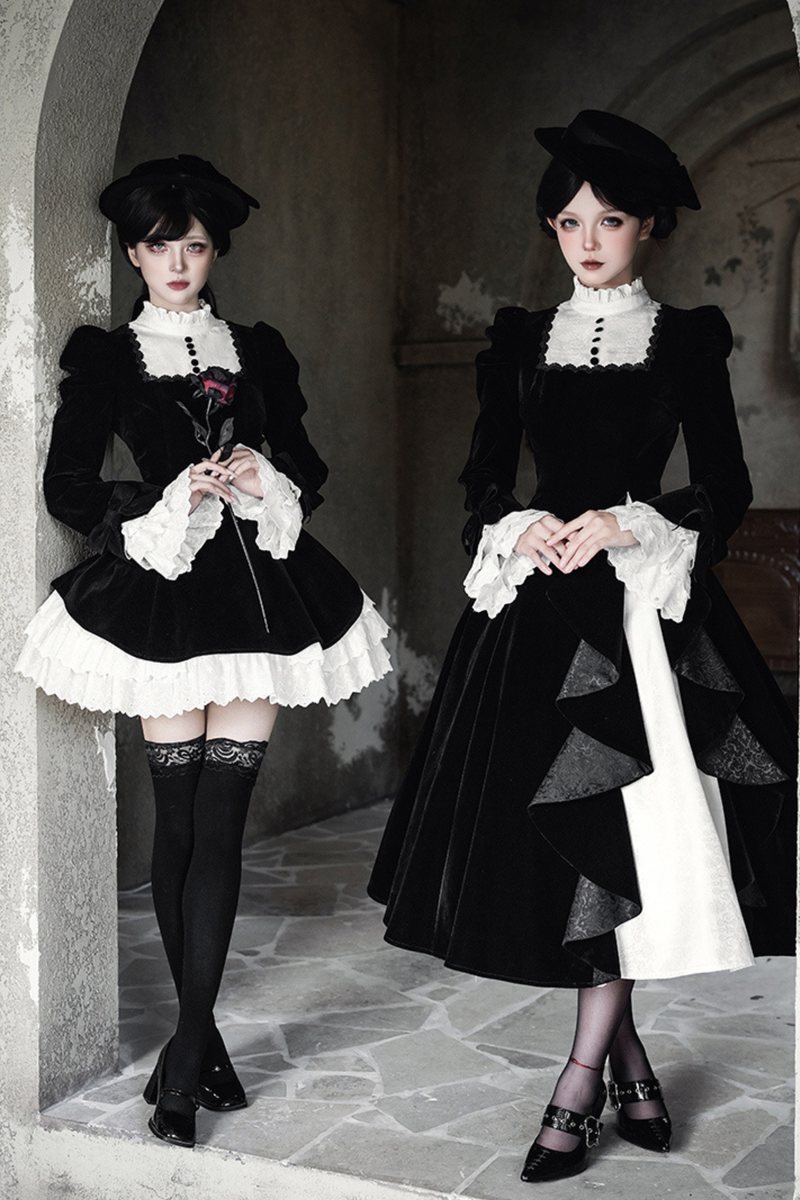 Slim Contrast Color Twin Dress + Collar + Bow + Brooch + Hat