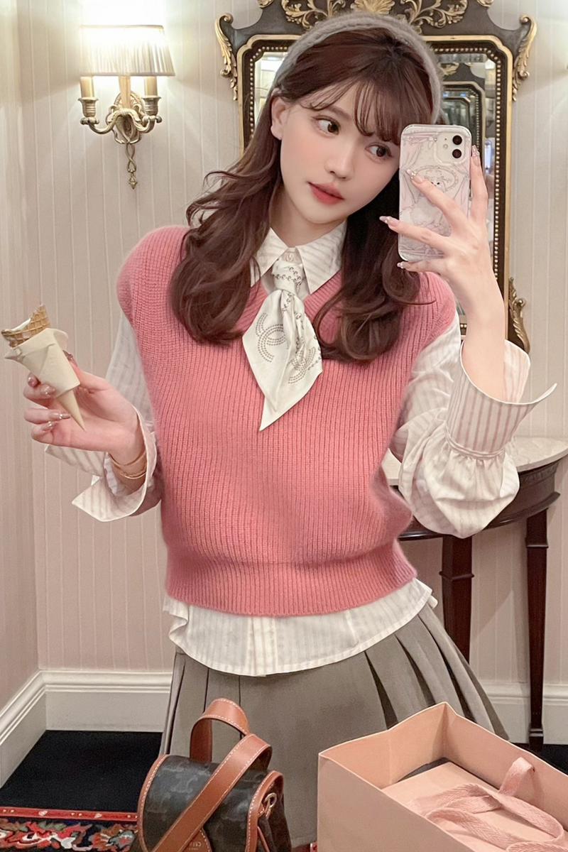 Fur Knit Vest + Striped Shirt