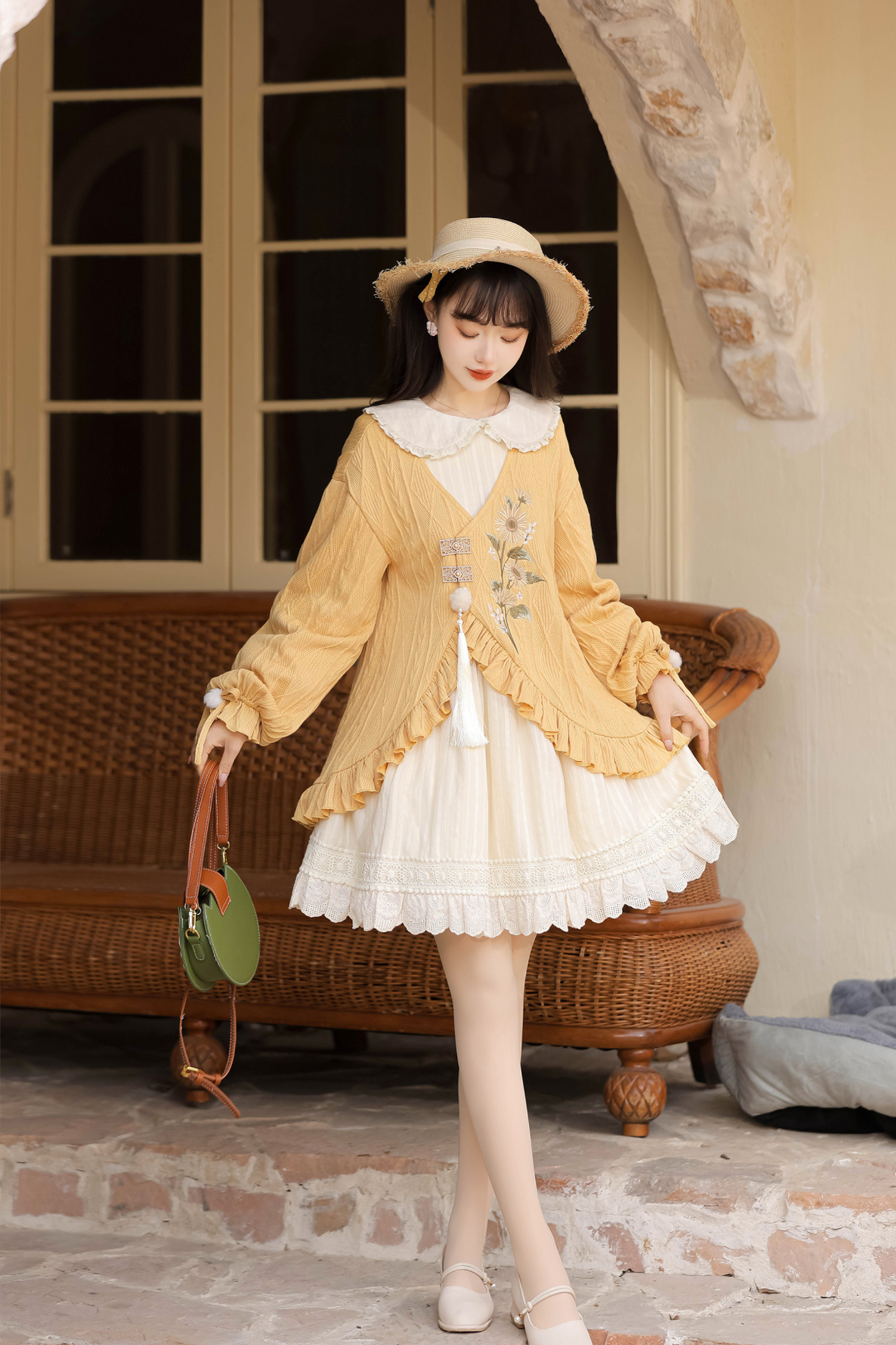 Retro Flower Chinese-style Cardigan + Flared Doll Collar Dress