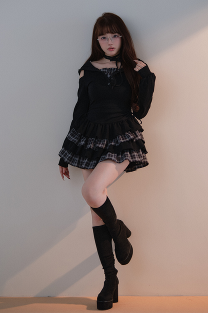 Plaid Ruffle Off-shoulder Dress