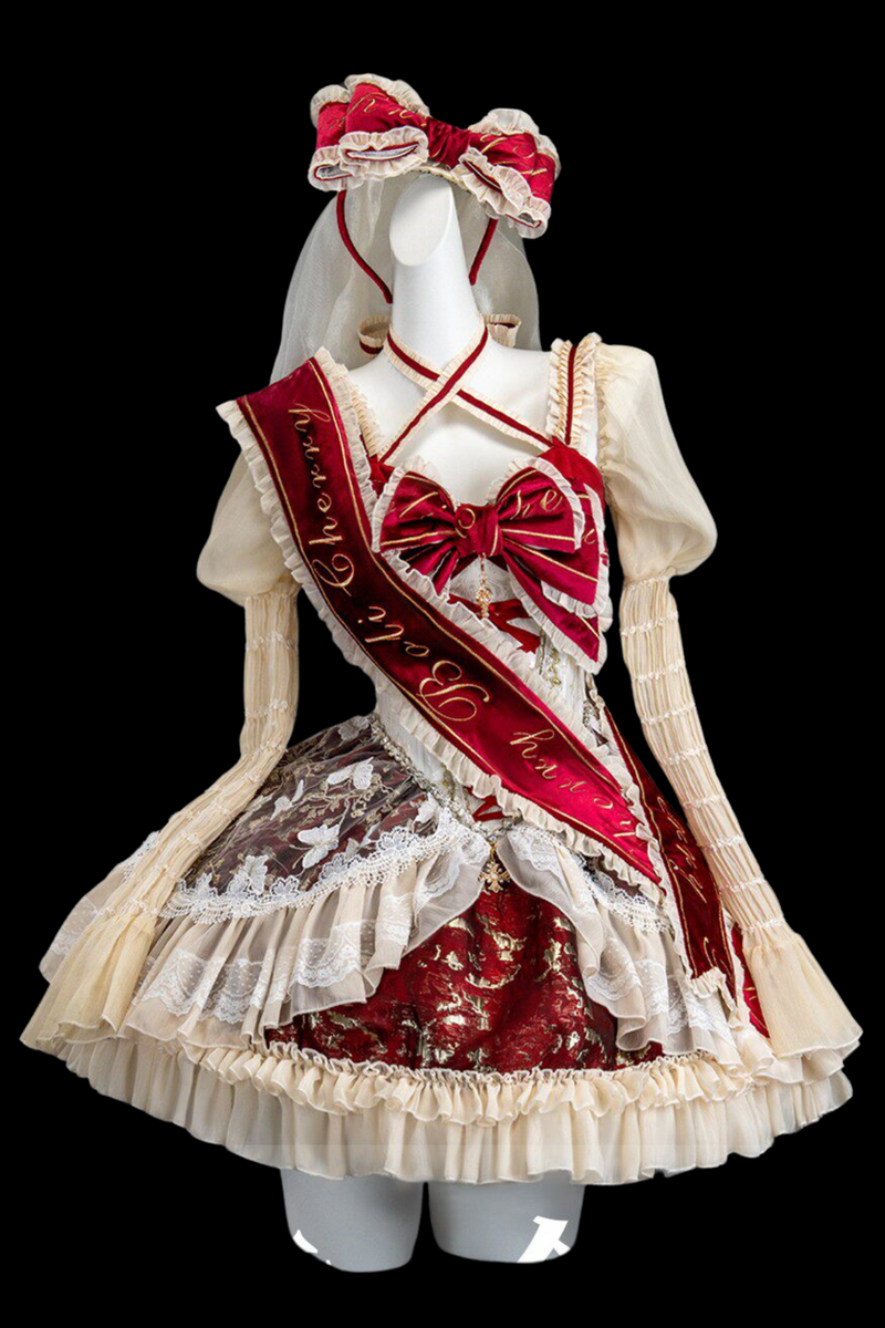 Sweet Baroque Lolita Dress + Veil + Ribbon + Headband + Tail + Sleeves