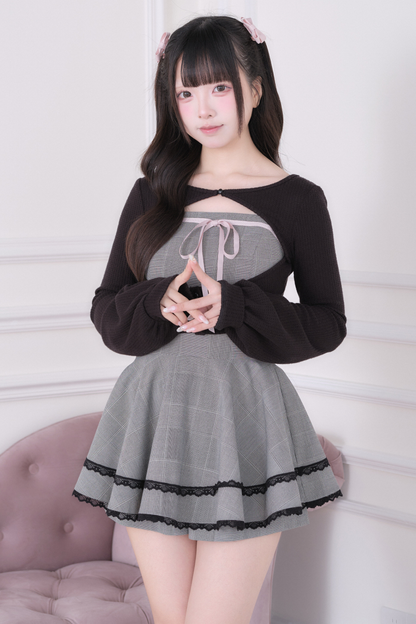 Lace Cardigan + Checkered Dress + Inner Pants