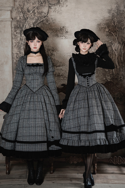 Plaid Fishbone Chest Jsk + Dress + Innerwear + Ribbon + Hat