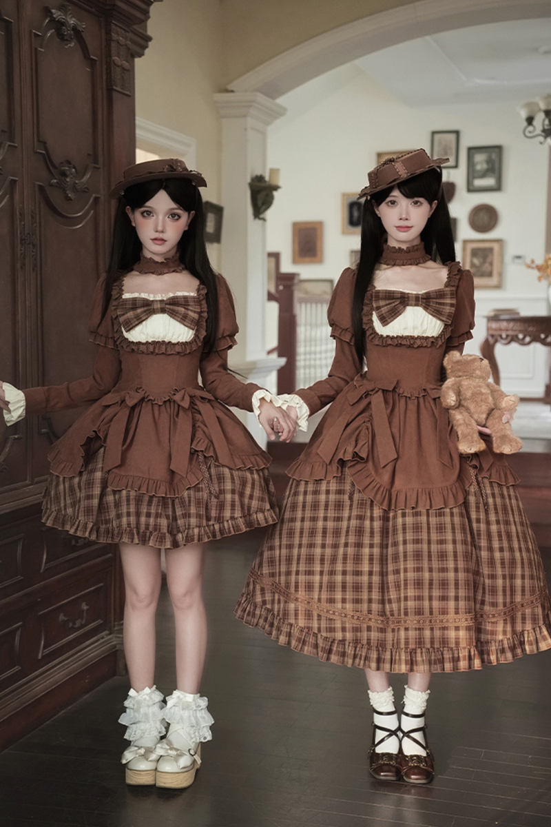 Sweet Checked Doll Dress + 2-way Ribbon + Bow + Hat