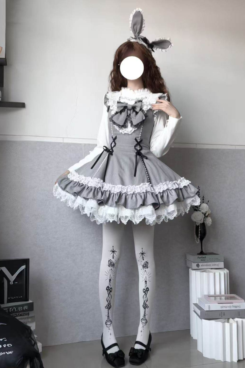 Sweet Lolita Stripe Jumper Skirt + Rabbit Hat