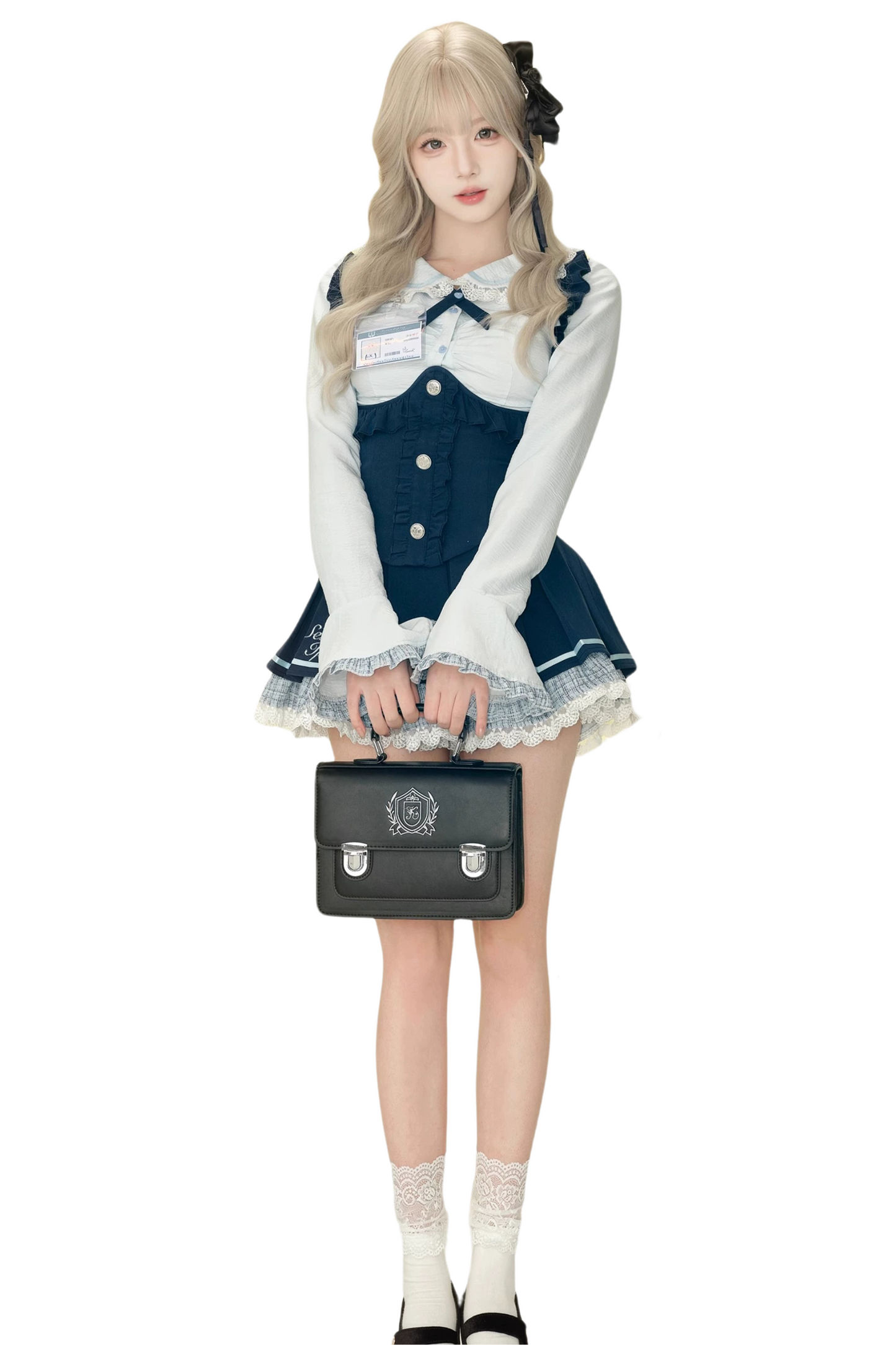 Ice Blue Shirt + Halter Neck Vest + Plaid Skirt