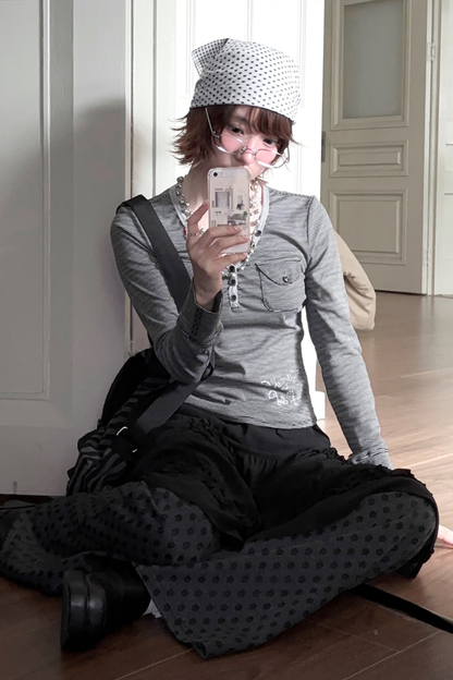 Y2k Striped V-neck Top + Skirt + Pants