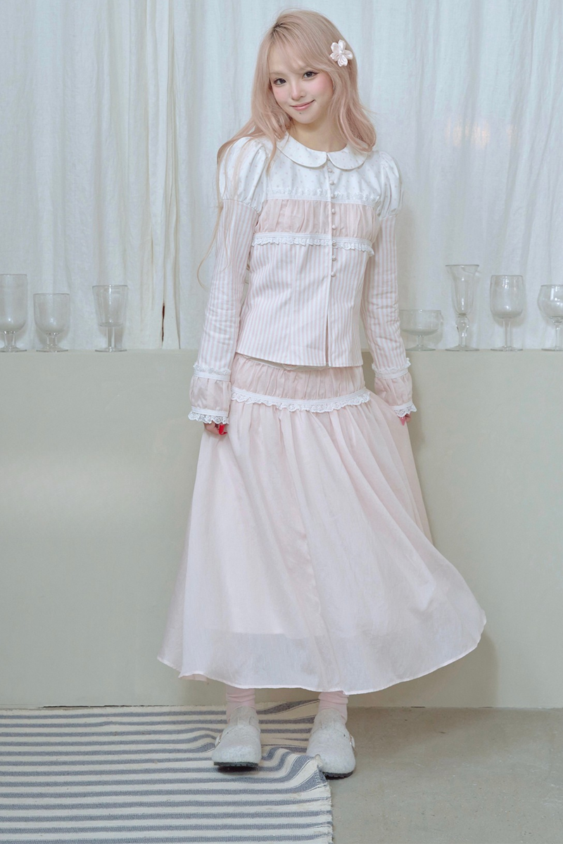 Striped Doll Collar Puff Sleeve Shirt