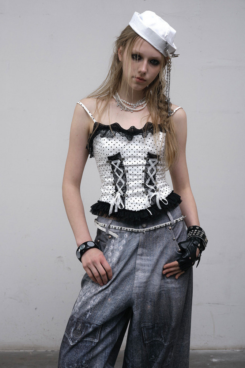 Dark Punk Polka Dot Lace Up Camisole