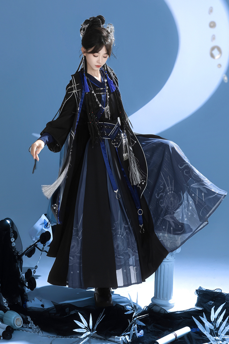 Dark Chinese-style Hooded Top + Belt + Cape + Necklace + Skirt