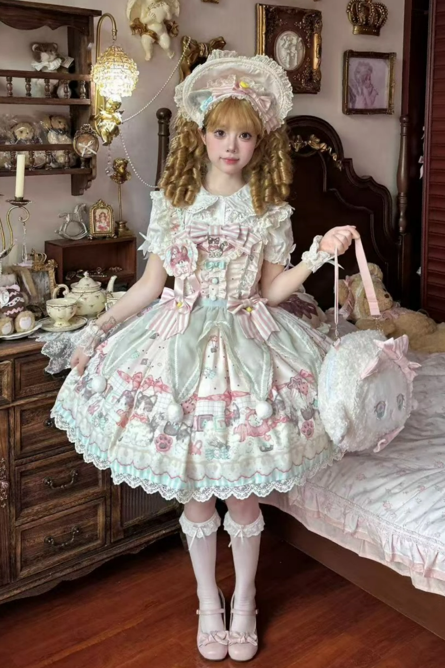 Cabinet Lolita Jumper Skirt + Dress + Brooch + Hairband + Bonnet + Apron + Hand Sleeves